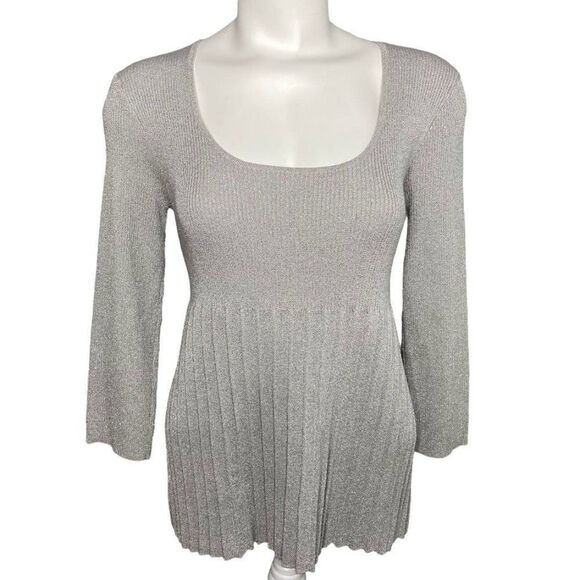 Grace Elements Silver Metallic Square Neckline Ribbed Pleated Knit Top Large NEW - Picture 1 of 8